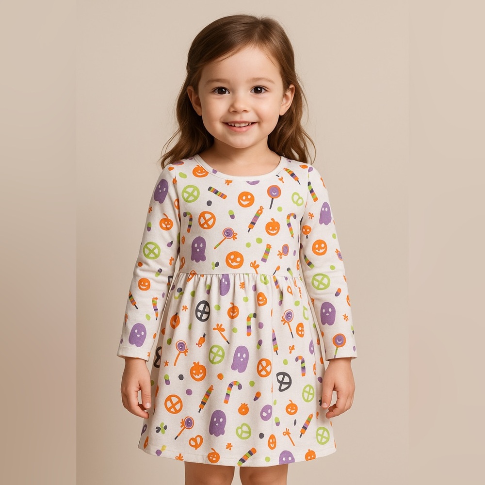 Cat & Jack Toddler Girl Halloween Candy Print Long Sleeve Dress 3T